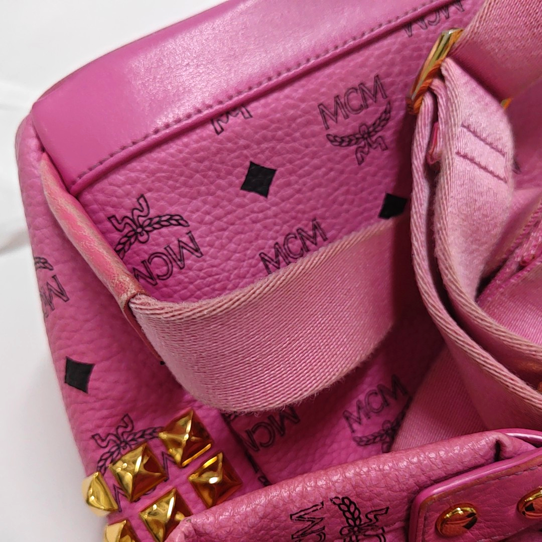 MCM STARK Small size Pink Coated Canvas Studs Double Shoulder Bag Golden hardware-(SKU)-940254240