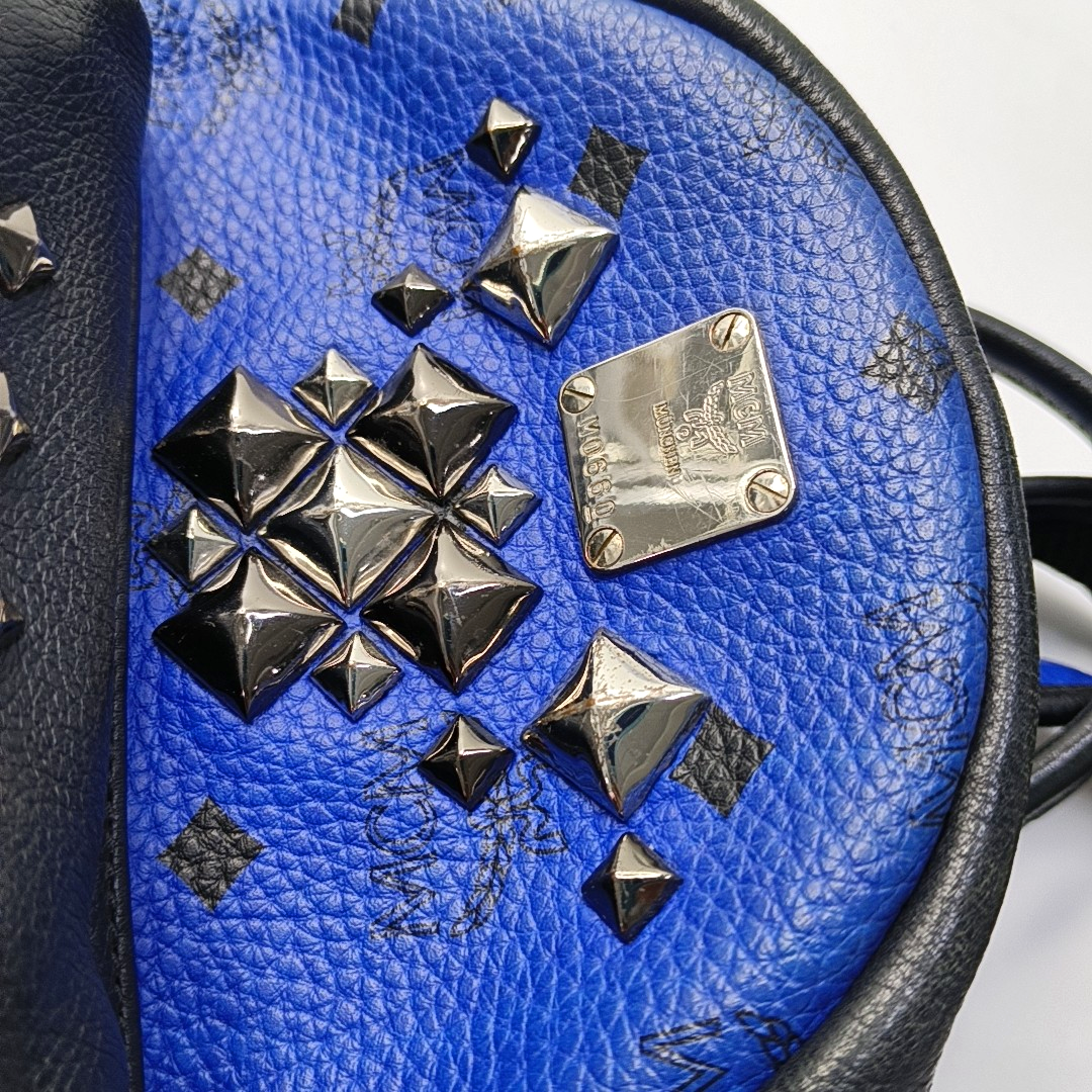 MCM STARK mini Blue Coated Canvas Monogrammed Stud Double Backpack Silver Black Hardware-(SKU)-943802065