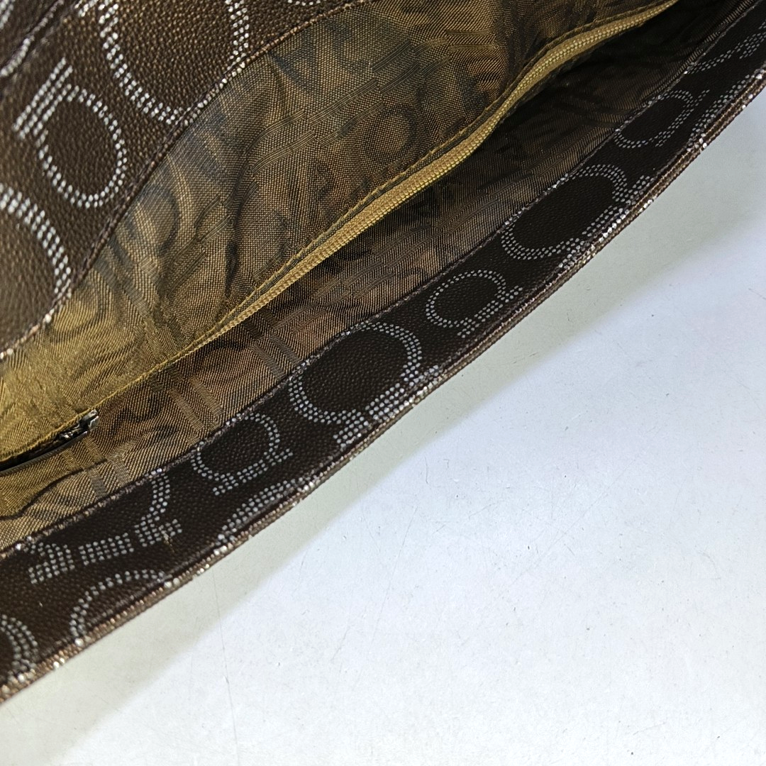 FERRAGAMO Dark Brown Coated Canvas Print Single Shoulder Bag Crossbody Bag Silver Hardware-(SKU)-952089727