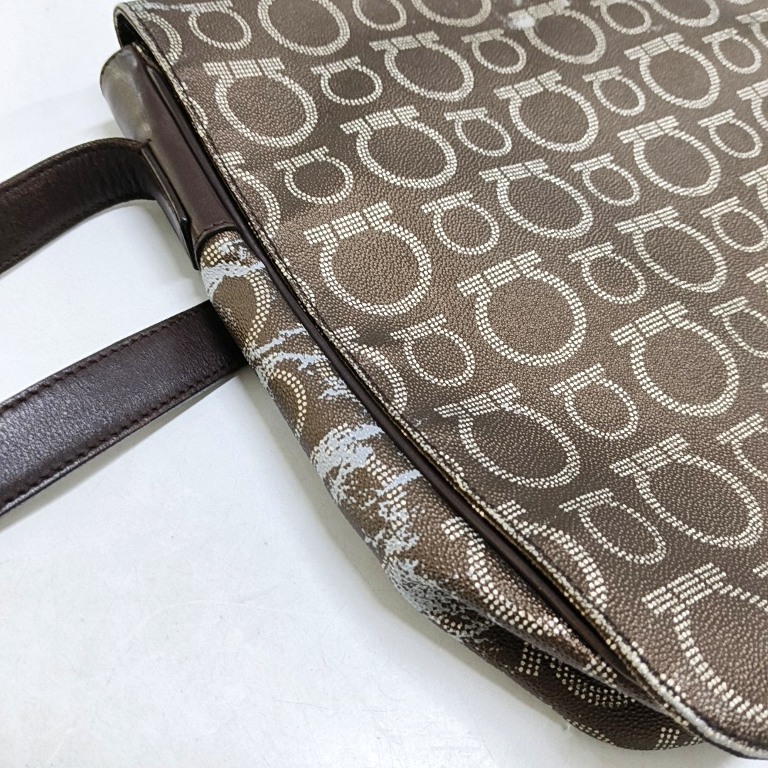 FERRAGAMO Dark Brown Coated Canvas Print Single Shoulder Bag Crossbody Bag Silver Hardware-(SKU)-952089727