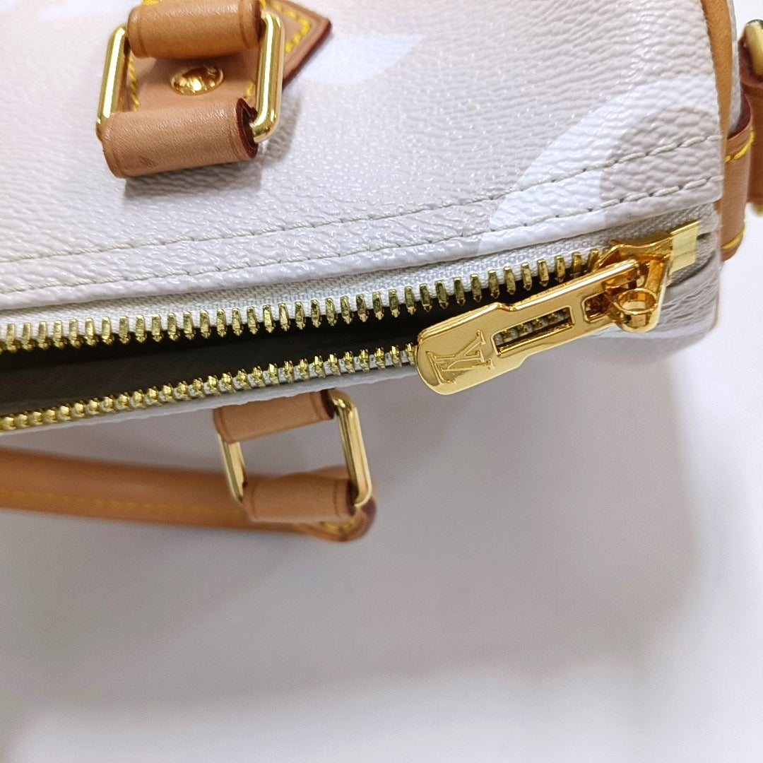LOUIS VUITTON SPEEDY 25 Apricot Coated Canvas Monogram Boston Bag Crossbody Shoulder Bag Sling Bag Gold Hardware Removable Strap-(SKU)-966306209