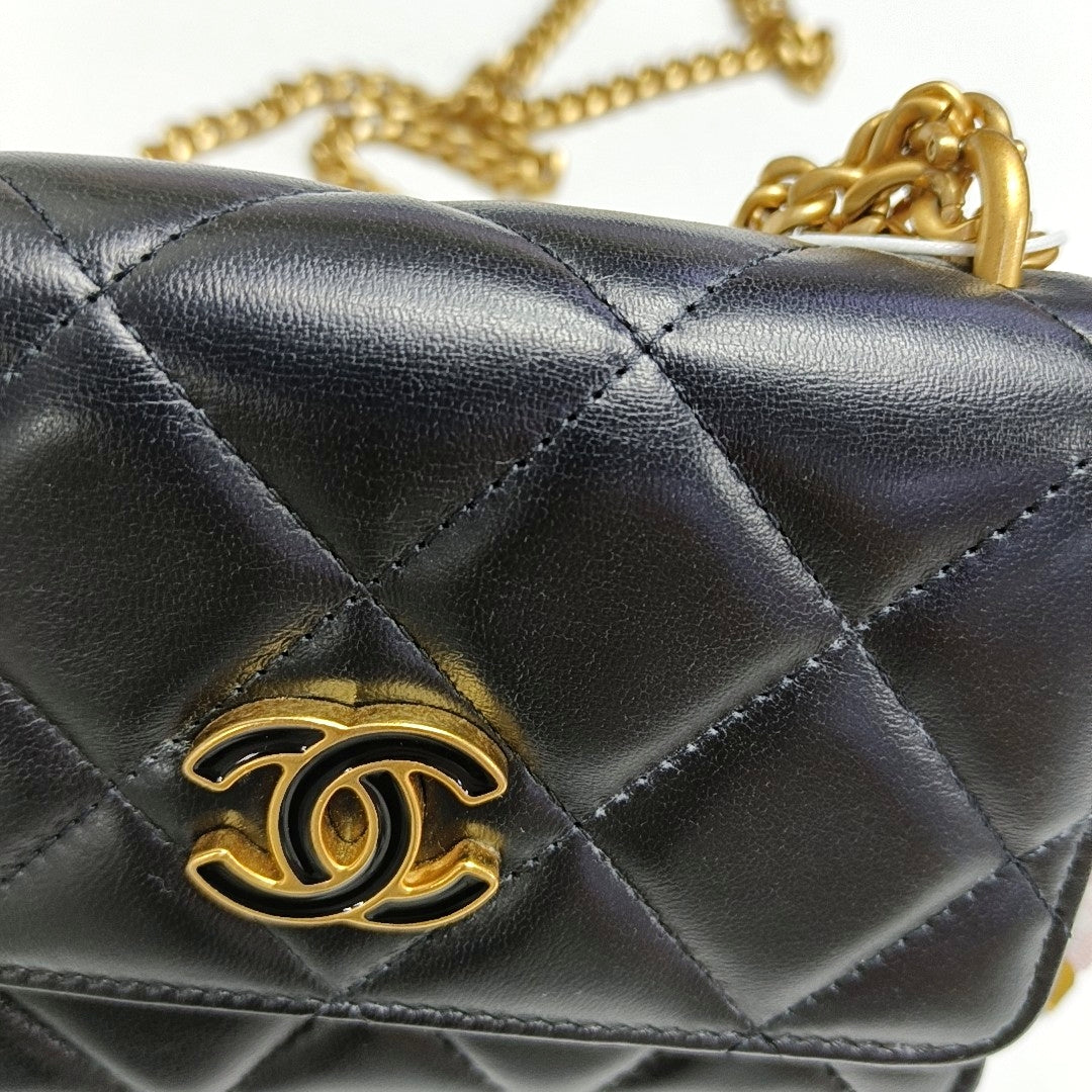 CHANEL WOC Black Lamb Skin Quilted Intrecciato Crossbody Bag, Shoulder Bag, Golden Hardware, 31 Clasp-(SKU)-970987317