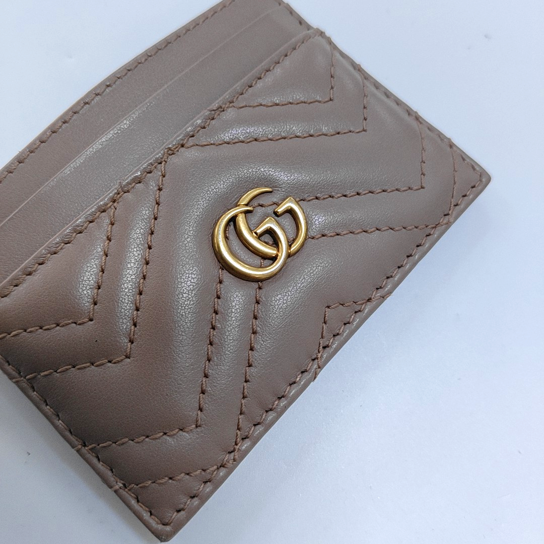 GUCCI GG Marmont Nude Pink Leather Quilted wavy pattern Card Case Golden hardware-(SKU)-956155402
