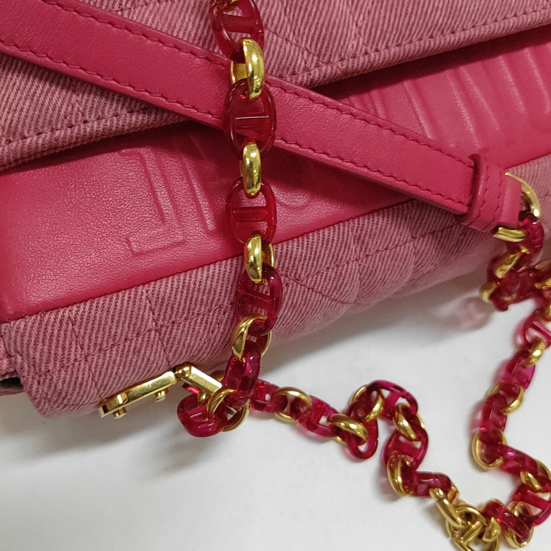 DIOR Dior Caro Medium Pink Denim Quilted Bag Crossbody Shoulder Bag Gold Red Hardware Removable Strap-(SKU)-961770509