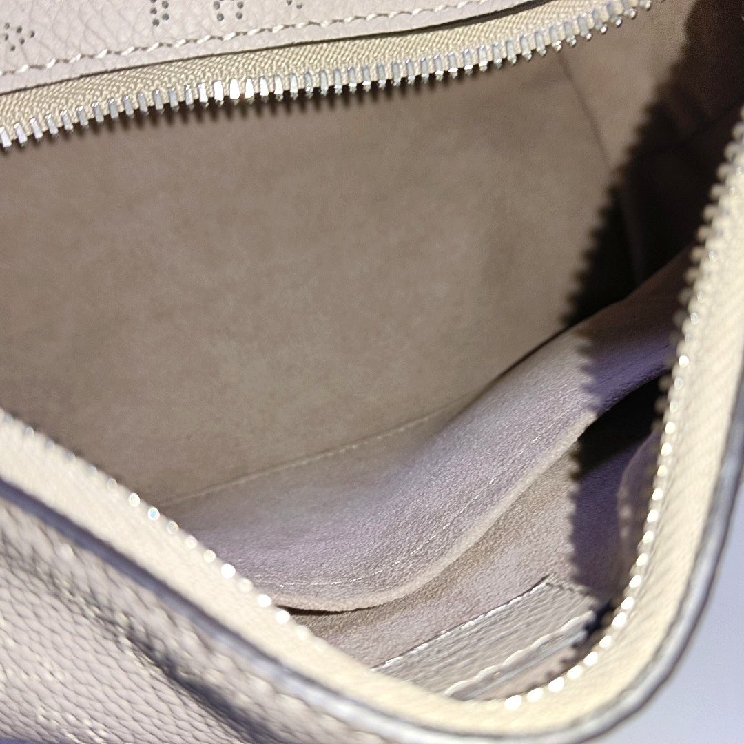 LOUIS VUITTON WHY KNOT Small size grey leather monogram perforated shoulder bag handbag crossbody bag with silver hardware and removable shoulder strap complete accessories-(SKU)-966742188