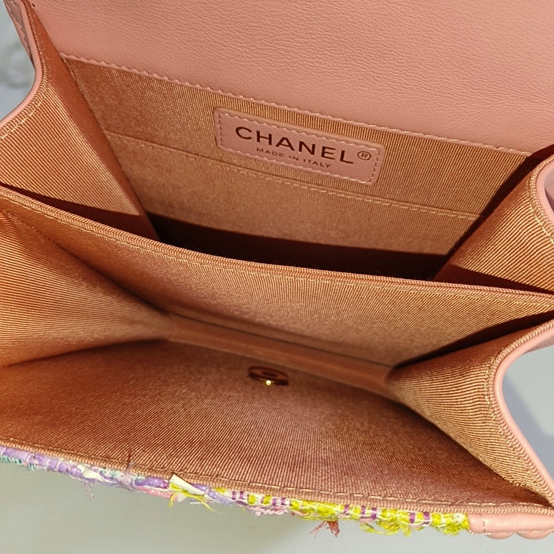 CHANEL BOY CHANEL Pink Tweed Quilted Crossbody Shoulder Bag with Golden Hardware, 27K, Detachable Strap-(SKU)-968690690