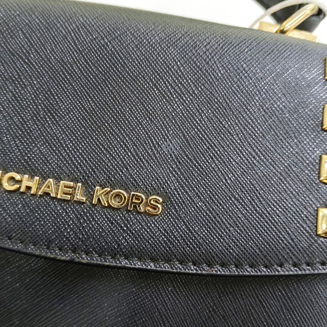 MICHAEL KORS Black Leather Embossed Studs Single Shoulder Bag Crossbody Bag Handbag Golden hardware Removable shoulder strap-(SKU)-933988480