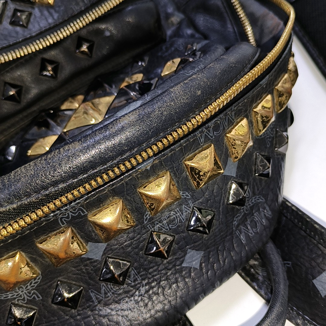 MCM STARK Small size Black Coated Canvas Monogram Studs Backpack Golden hardware-(SKU)-942517154