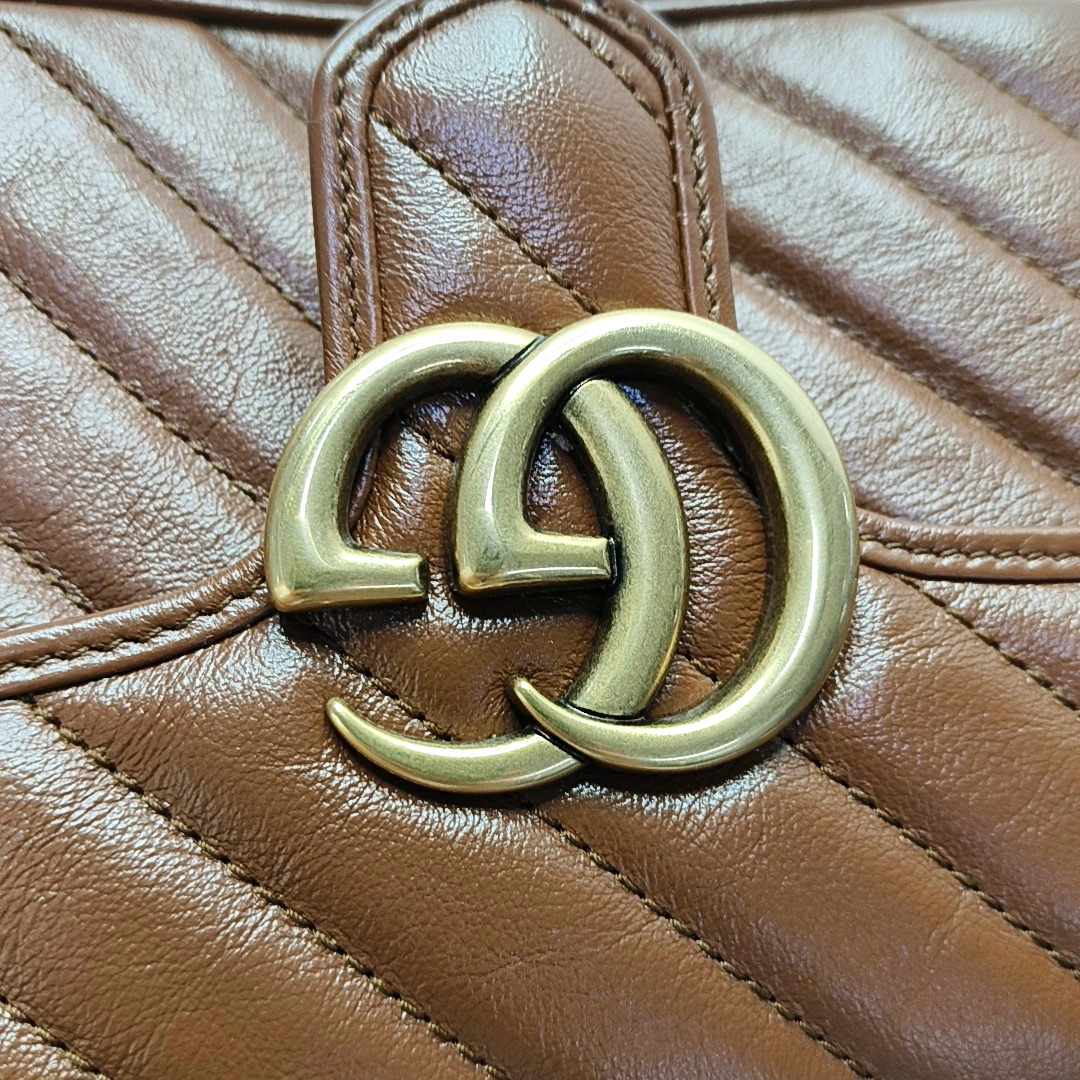 GUCCI GG Marmont Small Brown Calfskin Quilted Striped Shoulder Bag Golden Hardware-(SKU)-964409112