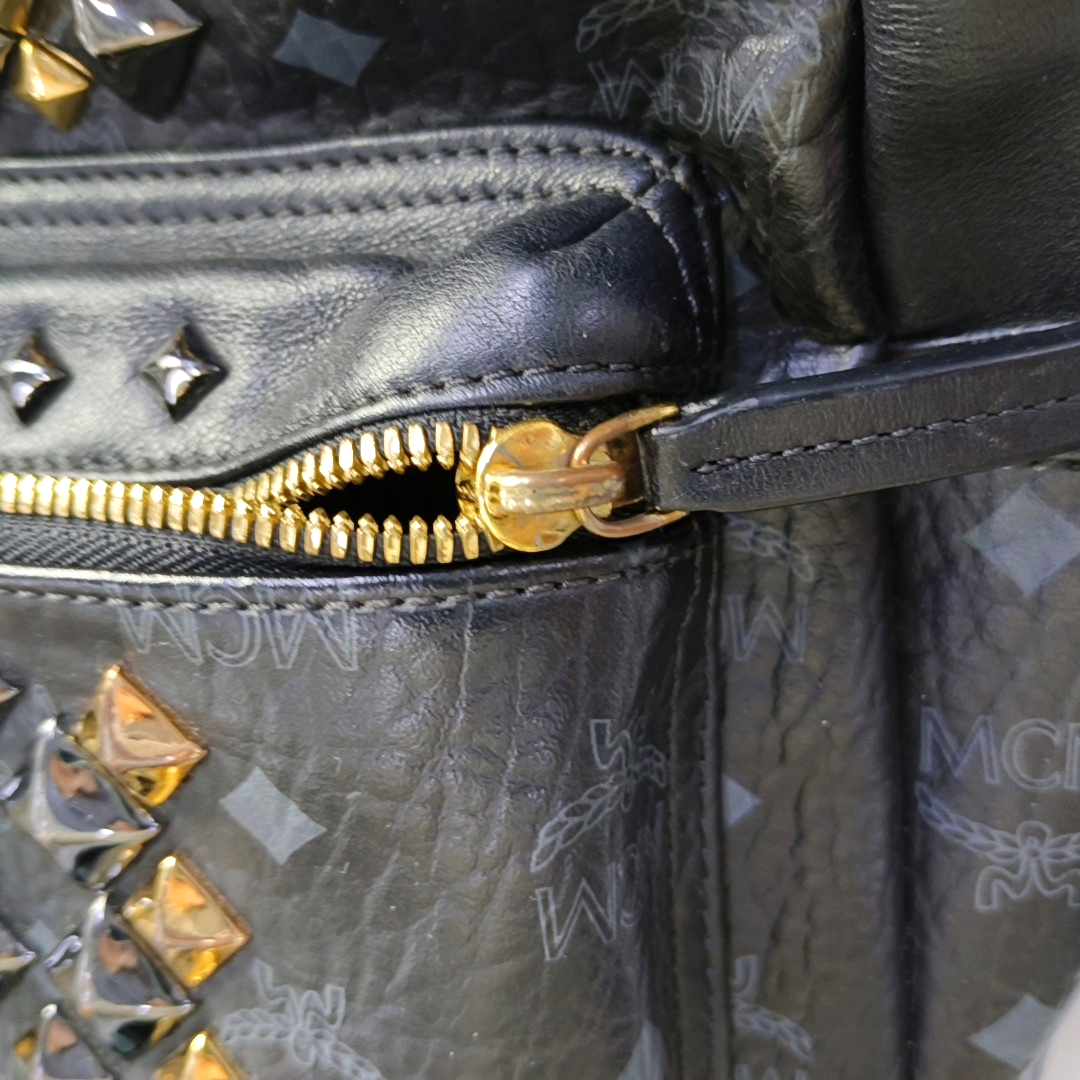 MCM STARK mini Black Coated Canvas Monogram Studs Backpack Golden hardware-(SKU)-940746737