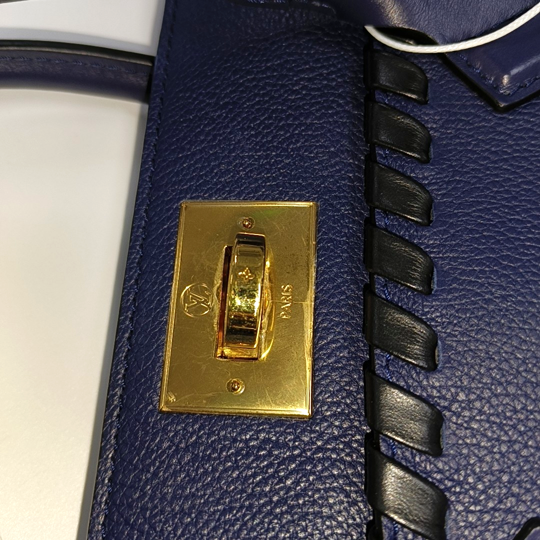LOUIS VUITTON ON MY SIDE Medium Dark Blue Leather Woven Shoulder Bag, Gold Hardware, Removable Shoulder Strap-(SKU)-14487079