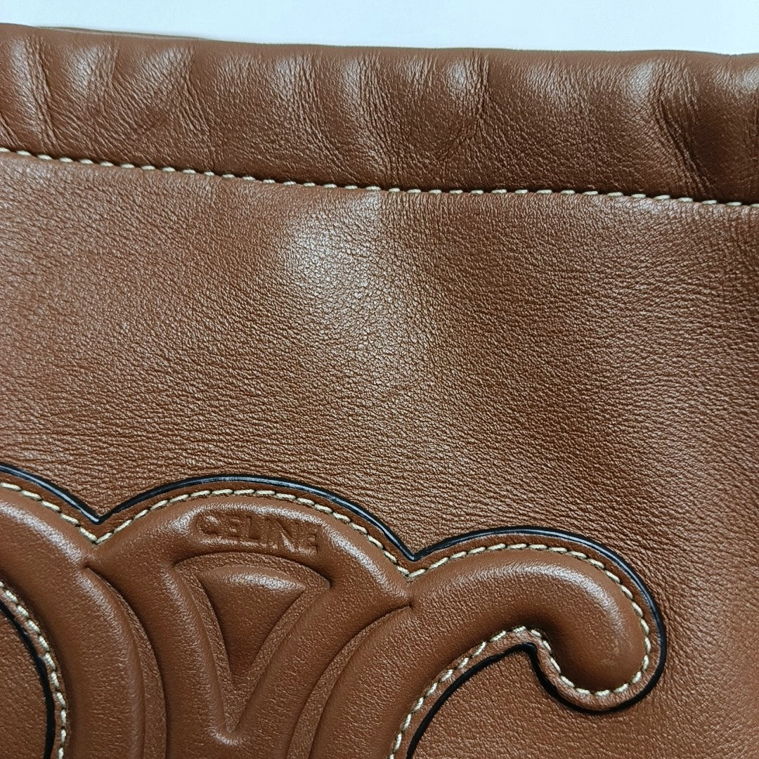 CELINE CABAS TRIOMPHE Brown Leather Quilted Shoulder Bag Tote Bag Crossbody Bag Gold Hardware Removable Strap-(SKU)-971128053