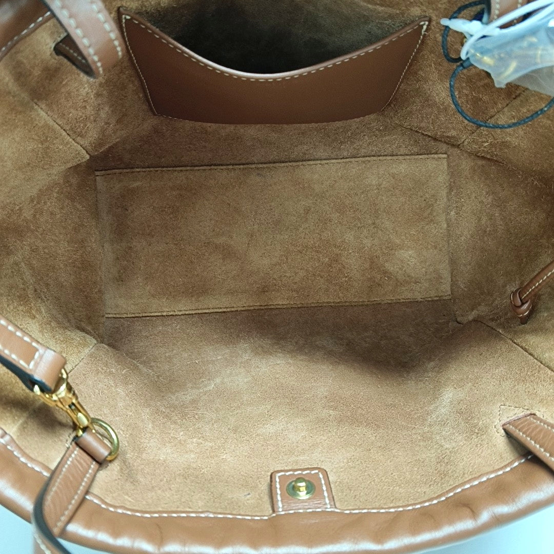 CELINE CABAS TRIOMPHE Brown Leather Quilted Shoulder Bag Tote Bag Crossbody Bag Gold Hardware Removable Strap-(SKU)-971128053