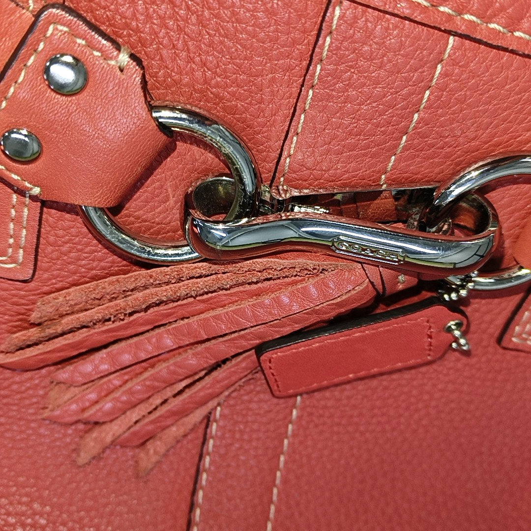 COACH HAMPTON Watermelon Red Calf Leather Fringe Weave Handbag Silver Hardware-(SKU)-928565147