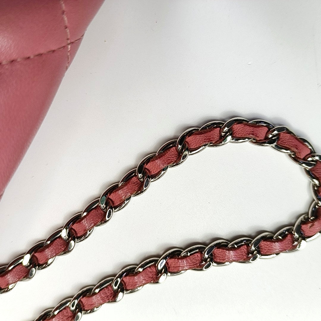 CHANEL CLASSIC FLAP Pink Lamb Leather Quilted Chevron Shoulder Bag Silver Hardware 18 Openings Complete Accessories-(SKU)-969451991