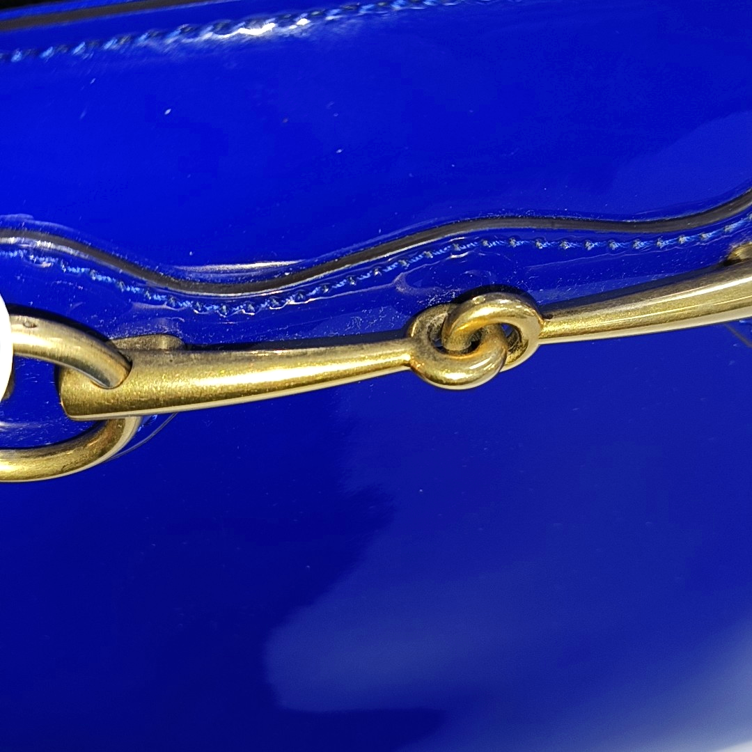 GUCCI Bright Bit Navy Blue Patent Leather Buckle Shoulder Bag Tote Crossbody Golden hardware Removable shoulder strap-(SKU)-939934256