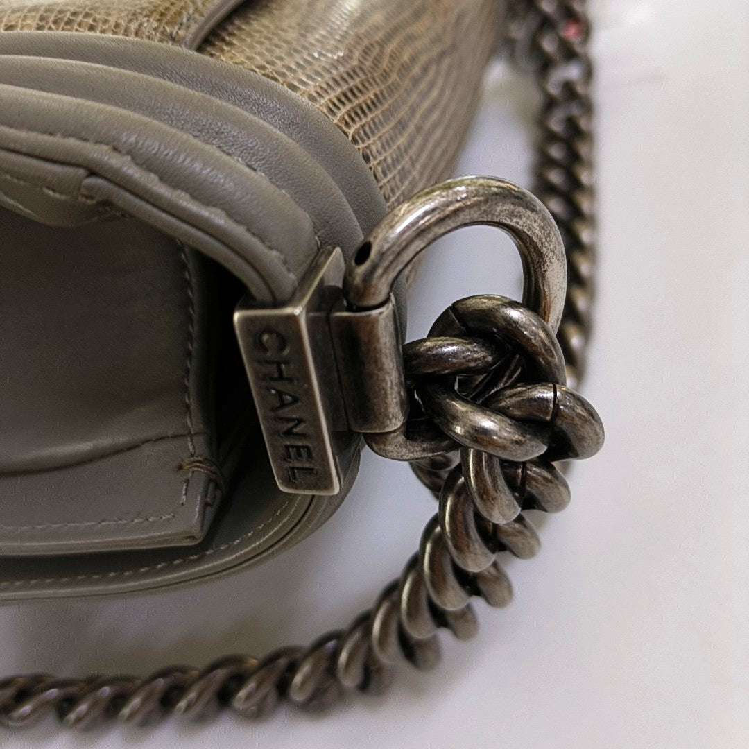 CHANEL BOY CHANEL small size grey lizard skin quilted crossbody bag with 19 chain links, palladium hardware, detachable strap-(SKU)-967359971