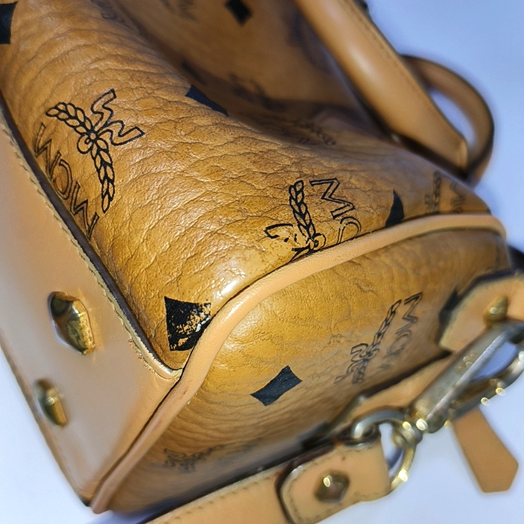 MCM ESSENTIAL Cognac Coated Canvas Monogram Print Boston Bag Single Shoulder Bag Handbag Crossbody Bag Golden hardware Removable shoulder strap-(SKU)-942033097