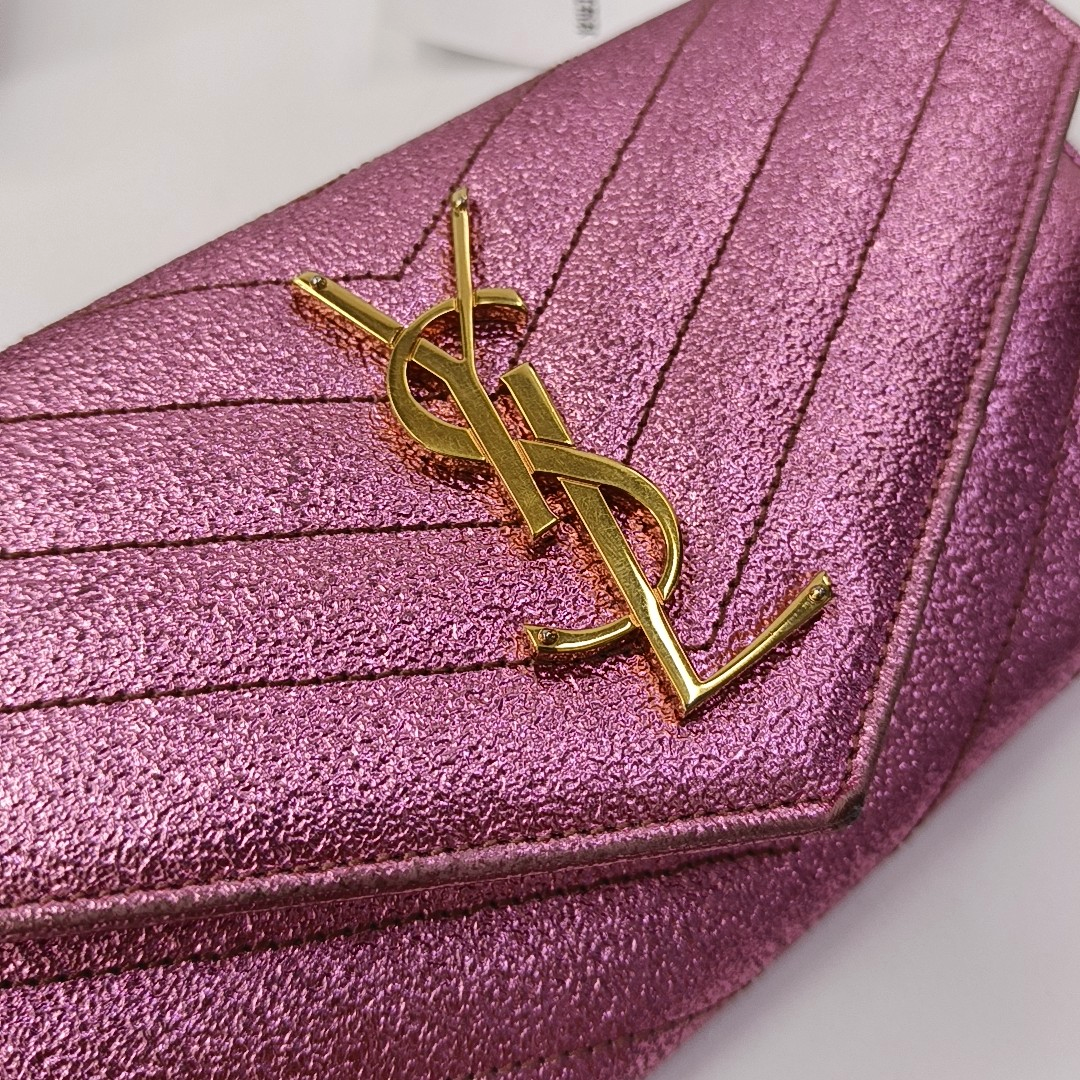 YSL MONOGRAM 粉色牛皮绗缝V纹钱包 Golden hardware Complete Accessories-(SKU)-957647456