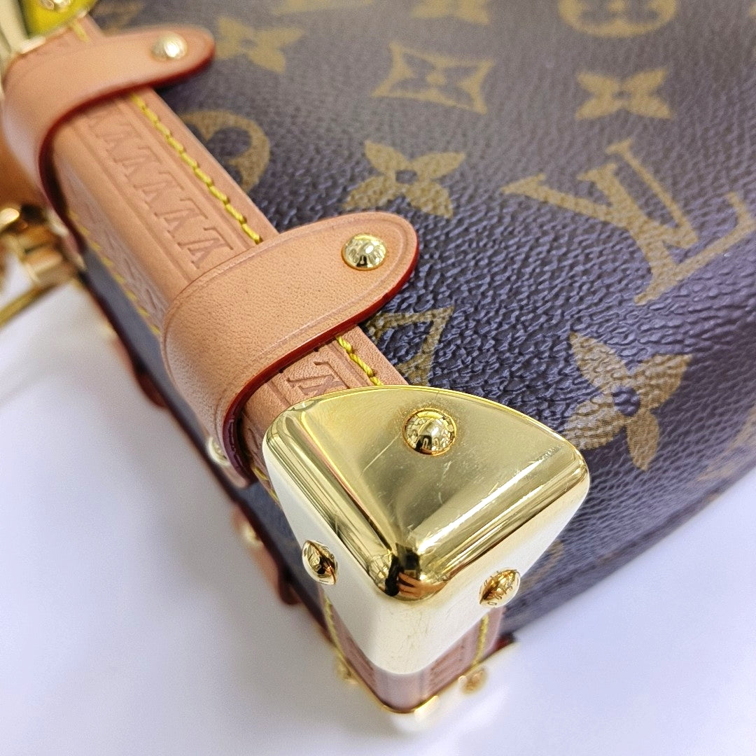 LOUIS VUITTON SIDE TRUNK Small Size Brown Coated Canvas Monogram Embossed Riveted Soft Box Shoulder Bag Tote Bag Crossbody Bag Gold Hardware Two Removable Straps-(SKU)-967707192