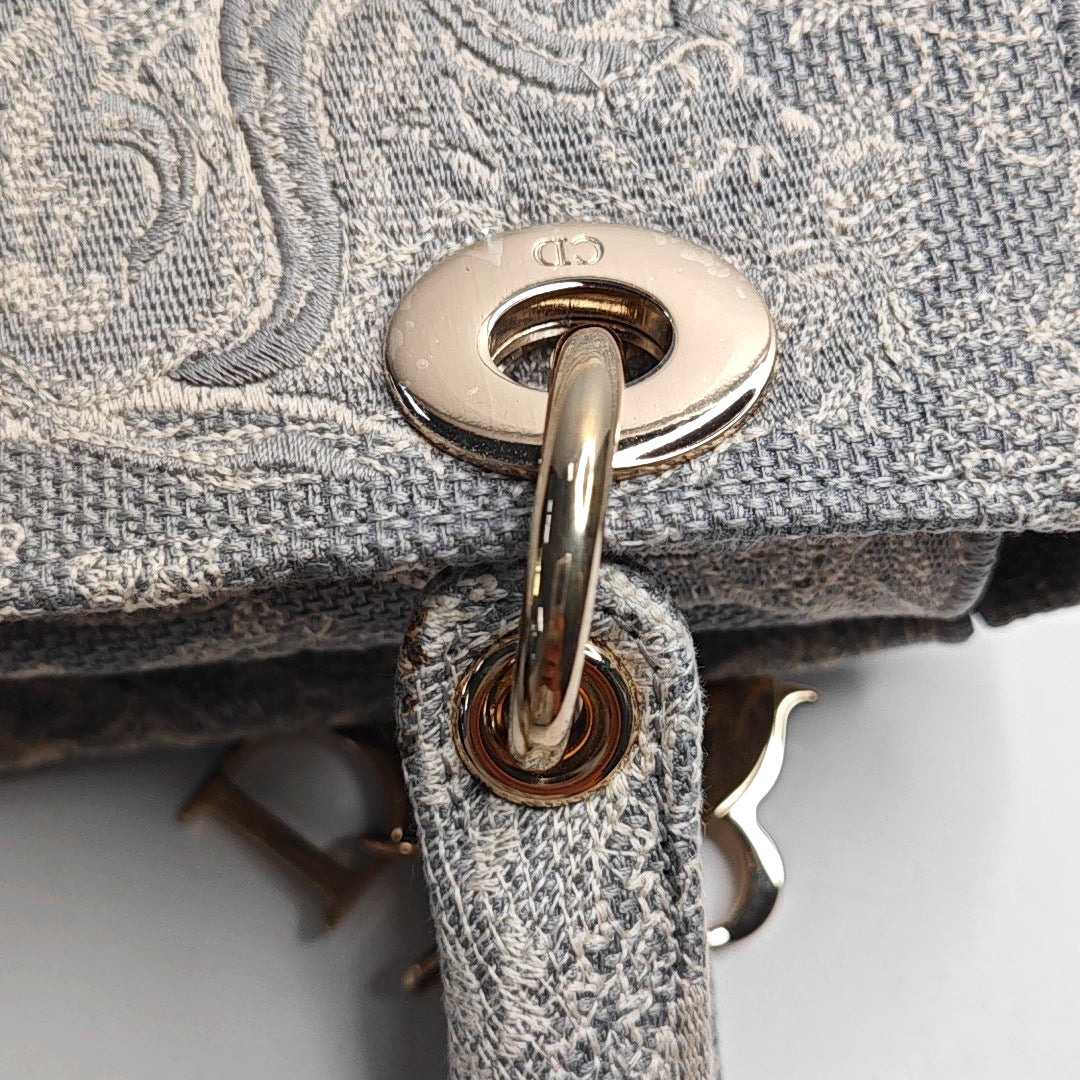 DIOR Lady D-Lite medium size grey fabric embroidered handbag gold hardware detachable shoulder strap-(SKU)-965432994