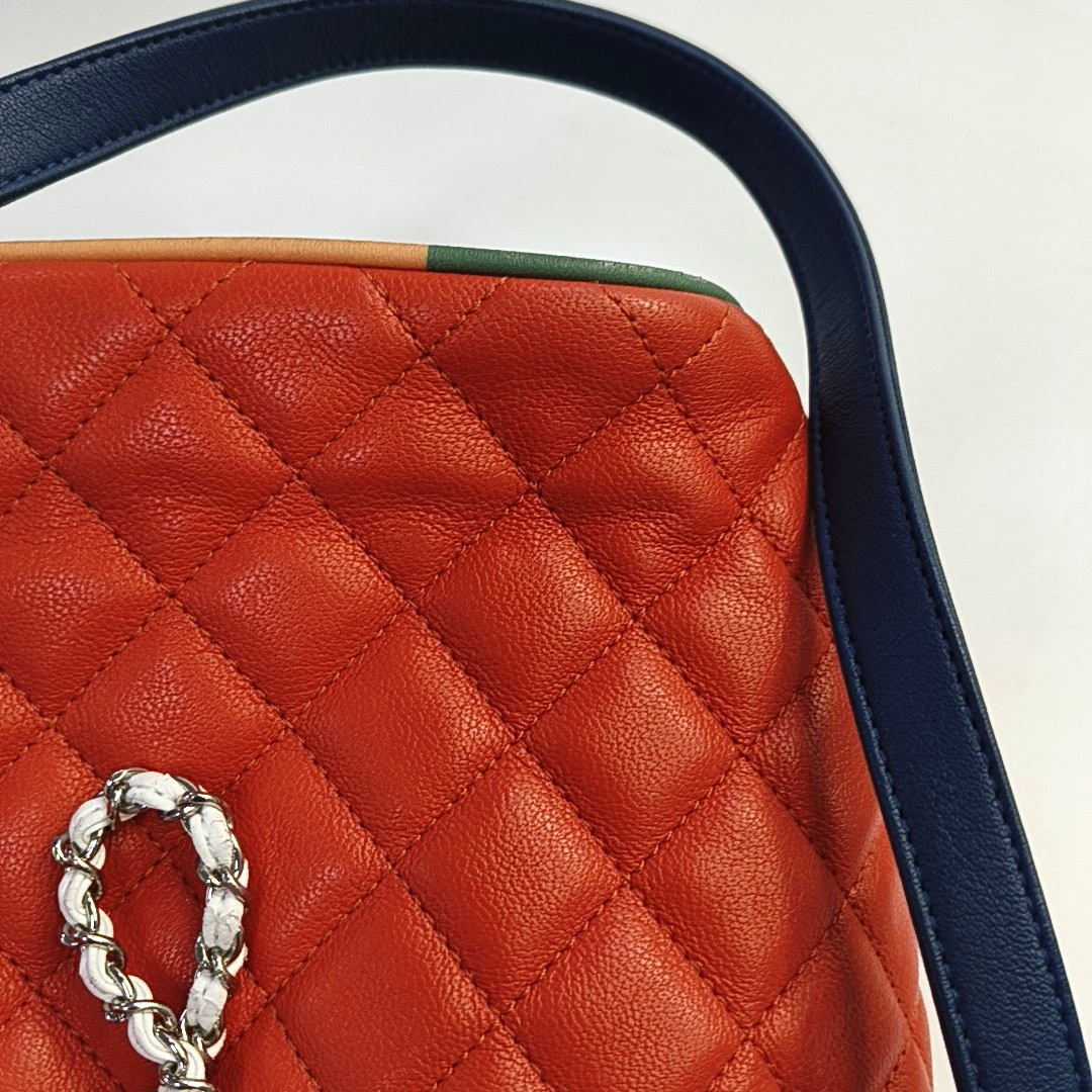 CHANEL DRAWSTRING Orange Lamb Skin Quilted Crossbody Shoulder Bag Tote Bag Silver Hardware 23K Clasp Removable Strap-(SKU)-946532284