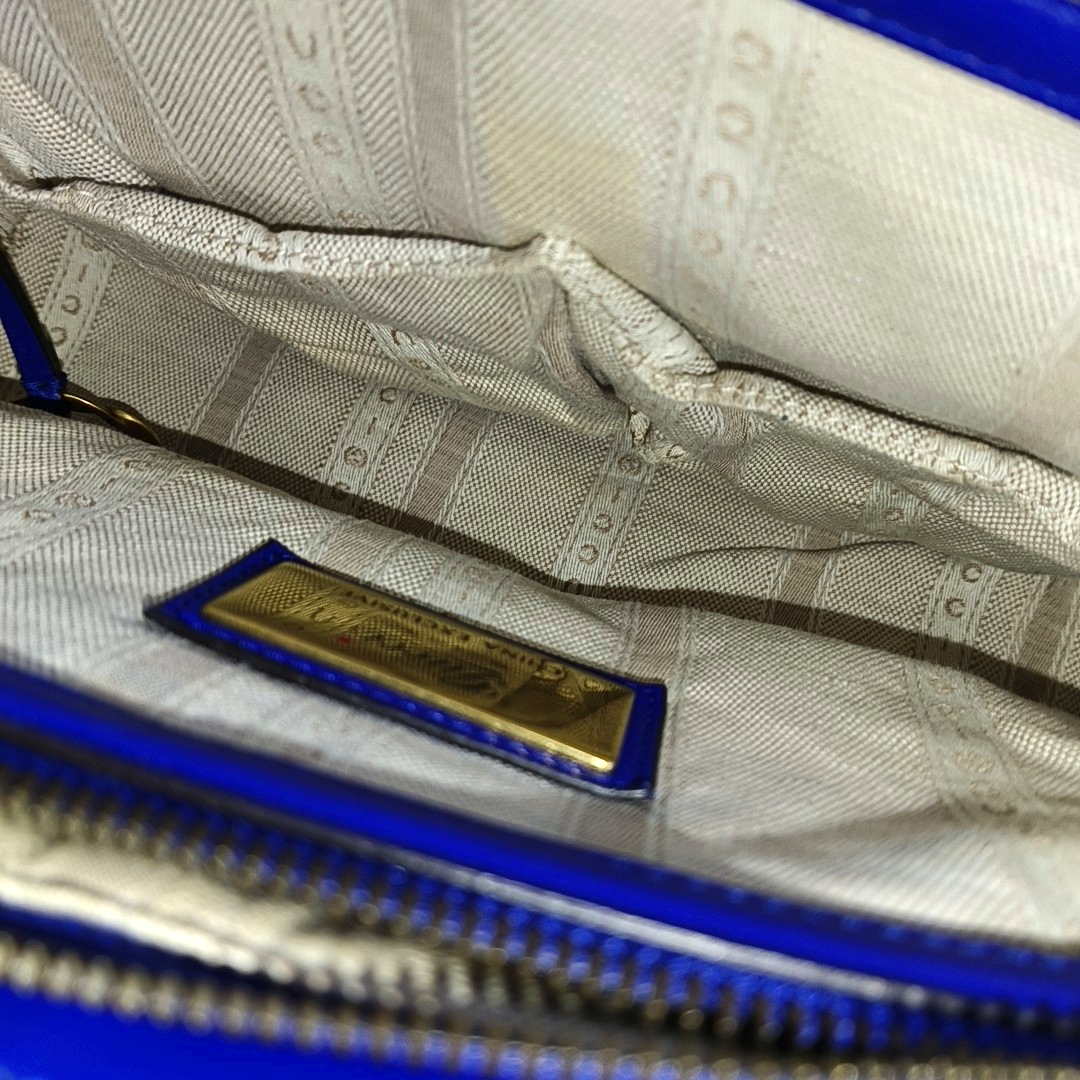 GUCCI Bright Bit Navy Blue Patent Leather Buckle Shoulder Bag Tote Crossbody Golden hardware Removable shoulder strap-(SKU)-939934256