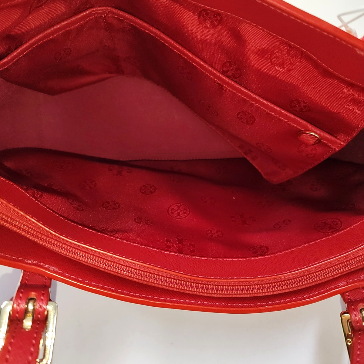 TORY BURCH York Red Leather Embossed Single Shoulder Bag Tote Bag Silver Hardware shoulder straps-(SKU)-944533691