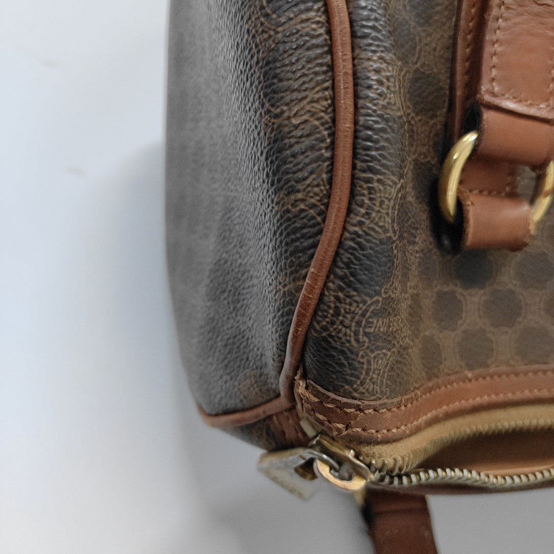 CELINE MACADAM BOSTON Brown Coated Canvas Monogrammed Single Shoulder Bag Golden hardware-(SKU)-933287333