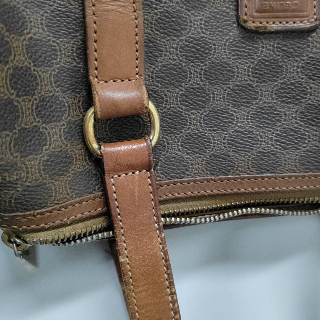 CELINE MACADAM BOSTON Brown Coated Canvas Monogrammed Single Shoulder Bag Golden hardware-(SKU)-933287333