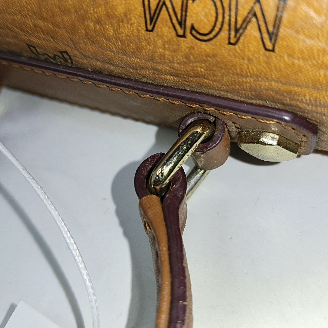 MCM Cognac Coated Canvas Monogrammed Single Shoulder Bag Tote Bag Crossbody Bag Golden hardware shoulder straps-(SKU)-940158793