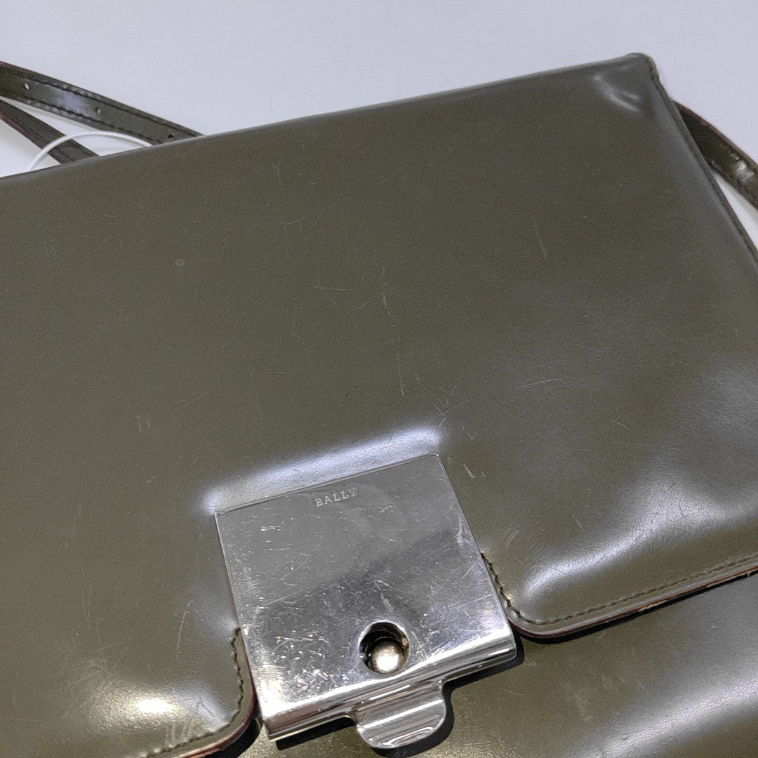 BALLY Dark Green Leather Crossbody Bag Single Shoulder Bag Silver Hardware Pouch detachable shoulder strap-(SKU)-940675885