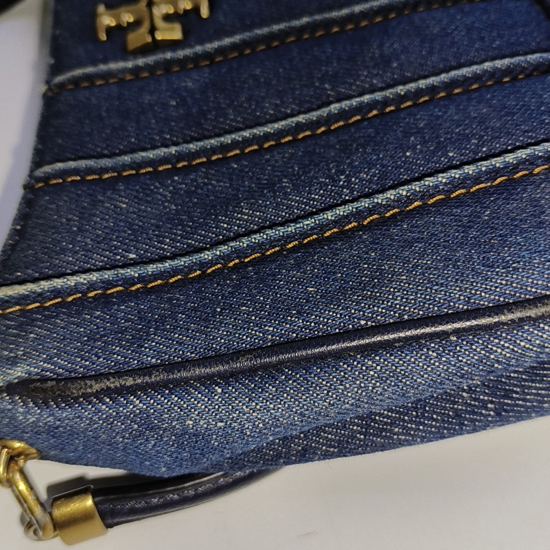 TORY BURCH Blue Fabric Quilted Single Shoulder Bag, Handbag Golden hardware-(SKU)-940595833
