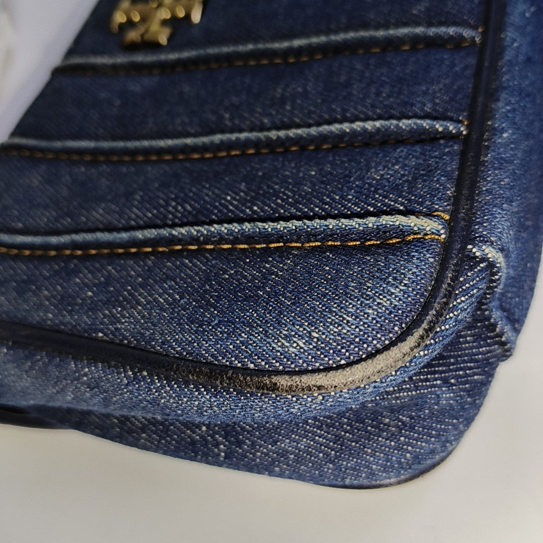 TORY BURCH Blue Fabric Quilted Single Shoulder Bag, Handbag Golden hardware-(SKU)-940595833