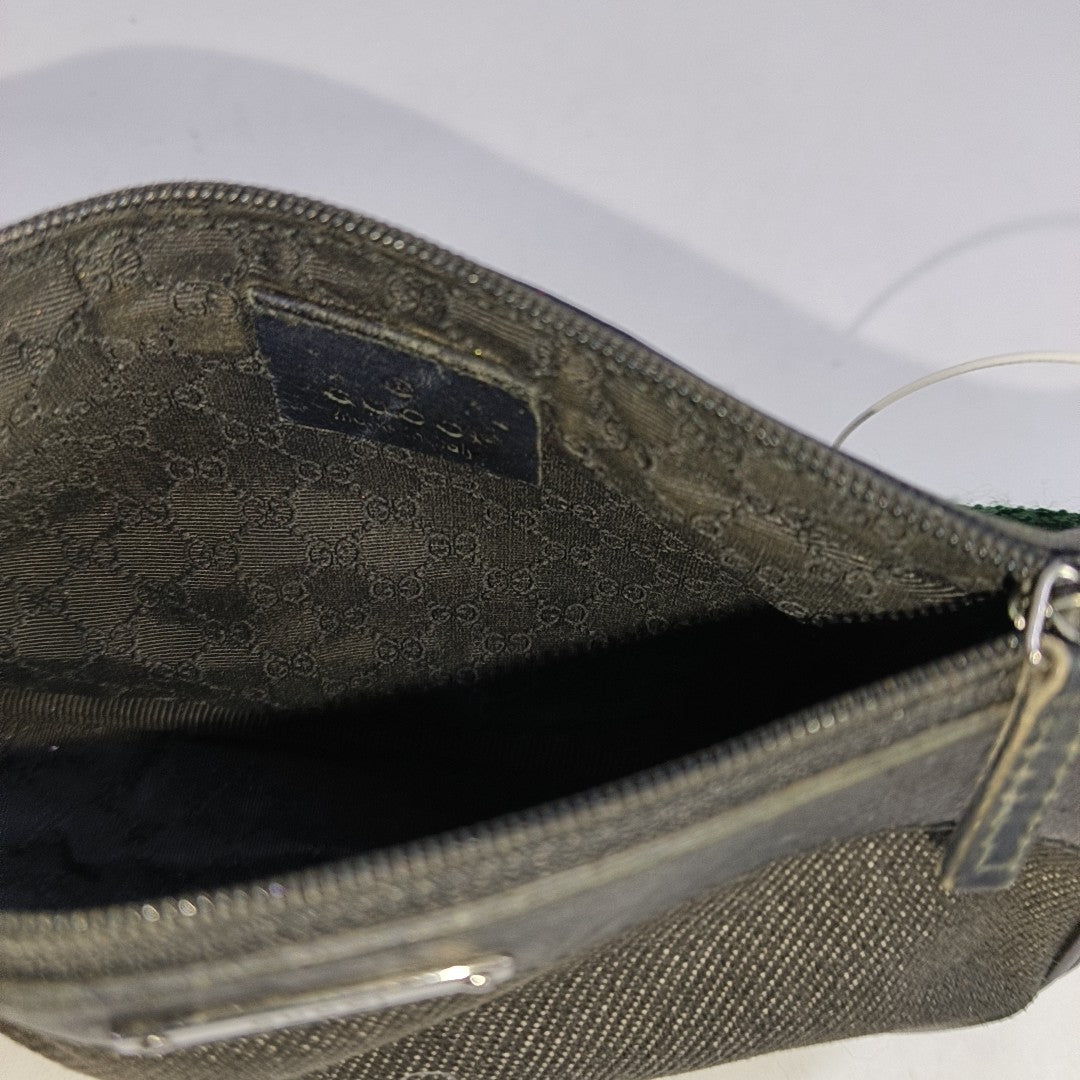 GUCCI Gray Canvas Striped Strap Handbag Single Shoulder Bag Silver Hardware-(SKU)-942429412