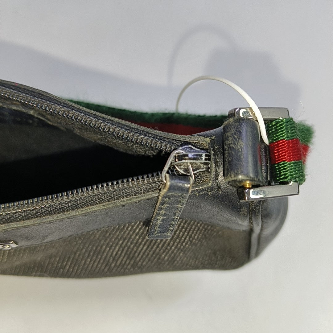 GUCCI Gray Canvas Striped Strap Handbag Single Shoulder Bag Silver Hardware-(SKU)-942429412