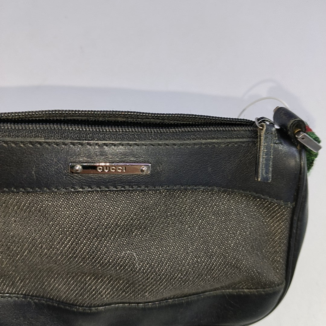 GUCCI Gray Canvas Striped Strap Handbag Single Shoulder Bag Silver Hardware-(SKU)-942429412
