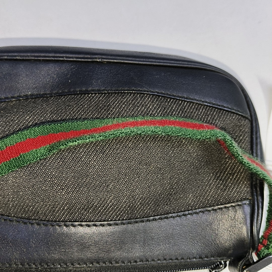 GUCCI Gray Canvas Striped Strap Handbag Single Shoulder Bag Silver Hardware-(SKU)-942429412
