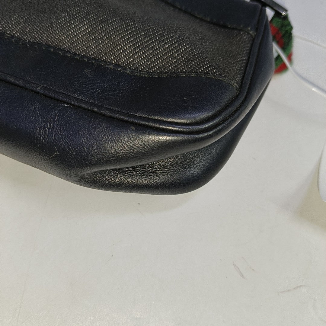 GUCCI Gray Canvas Striped Strap Handbag Single Shoulder Bag Silver Hardware-(SKU)-942429412