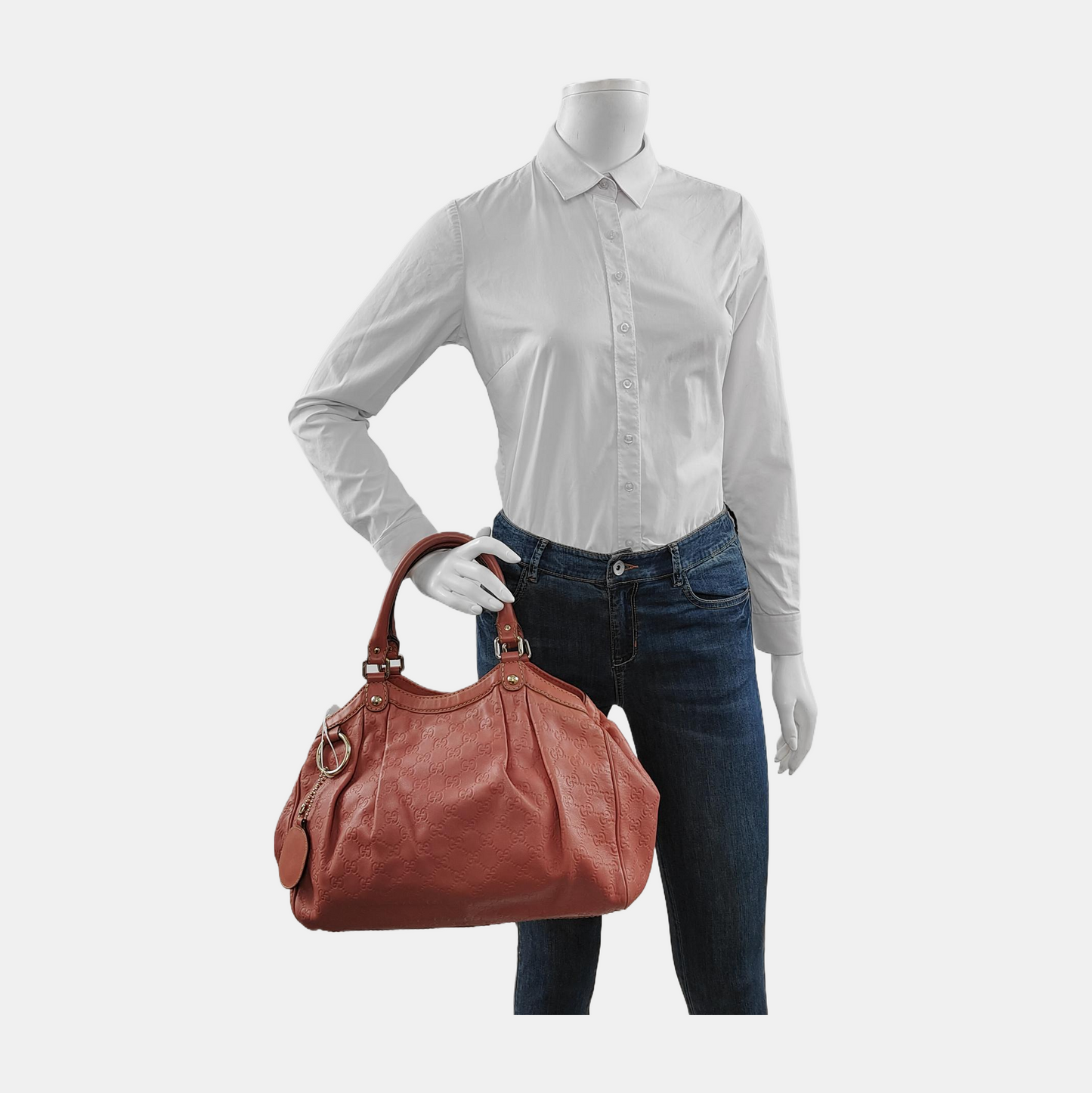 GUCCI Sukey Beige Cowhide Old Flower Embossed Handbag Single Shoulder Bag Golden hardware-(SKU)-946198626