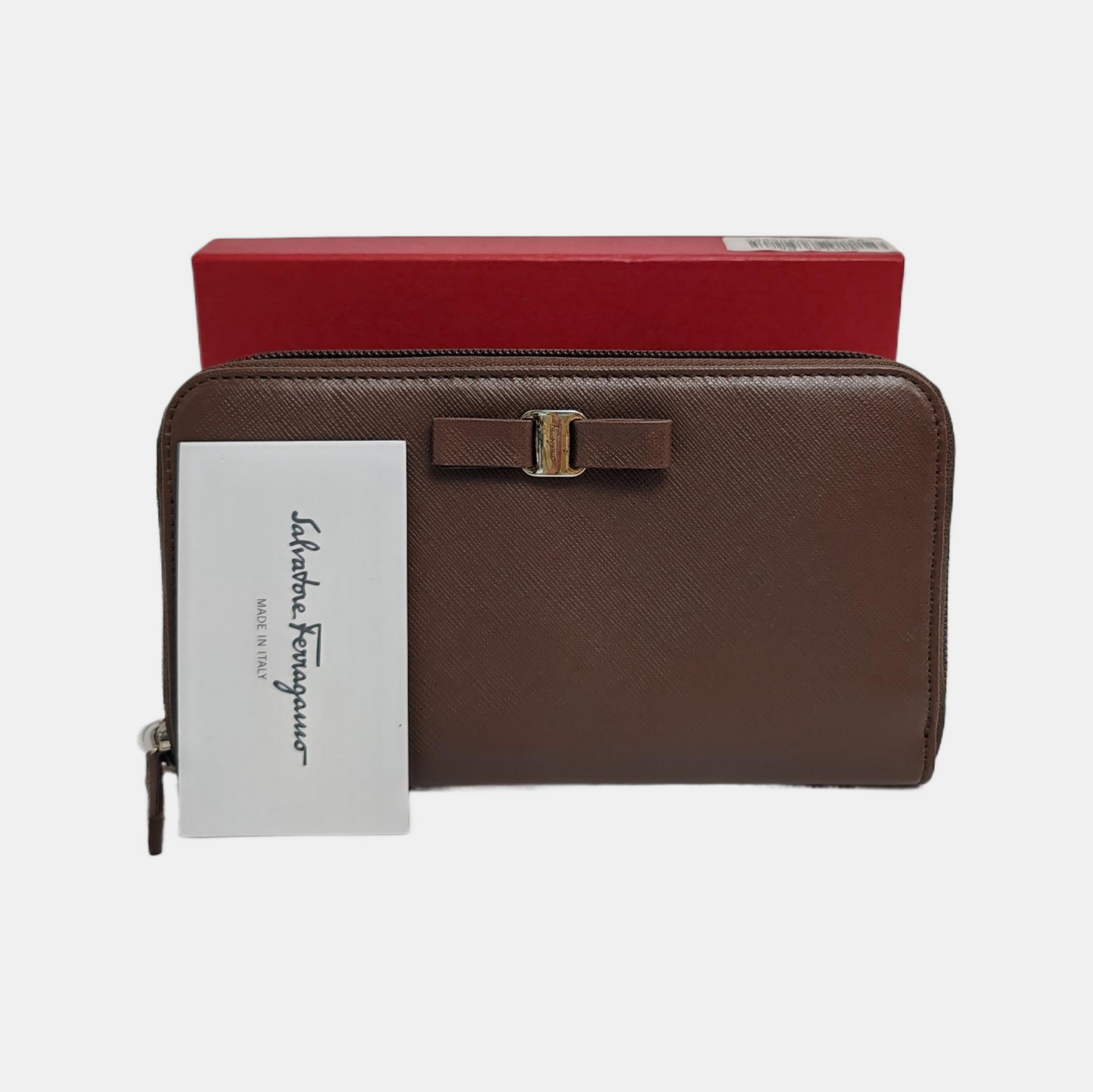FERRAGAMO Vara Dark Brown Leather Embossed Wallet Silver Hardware-(SKU)-943942165