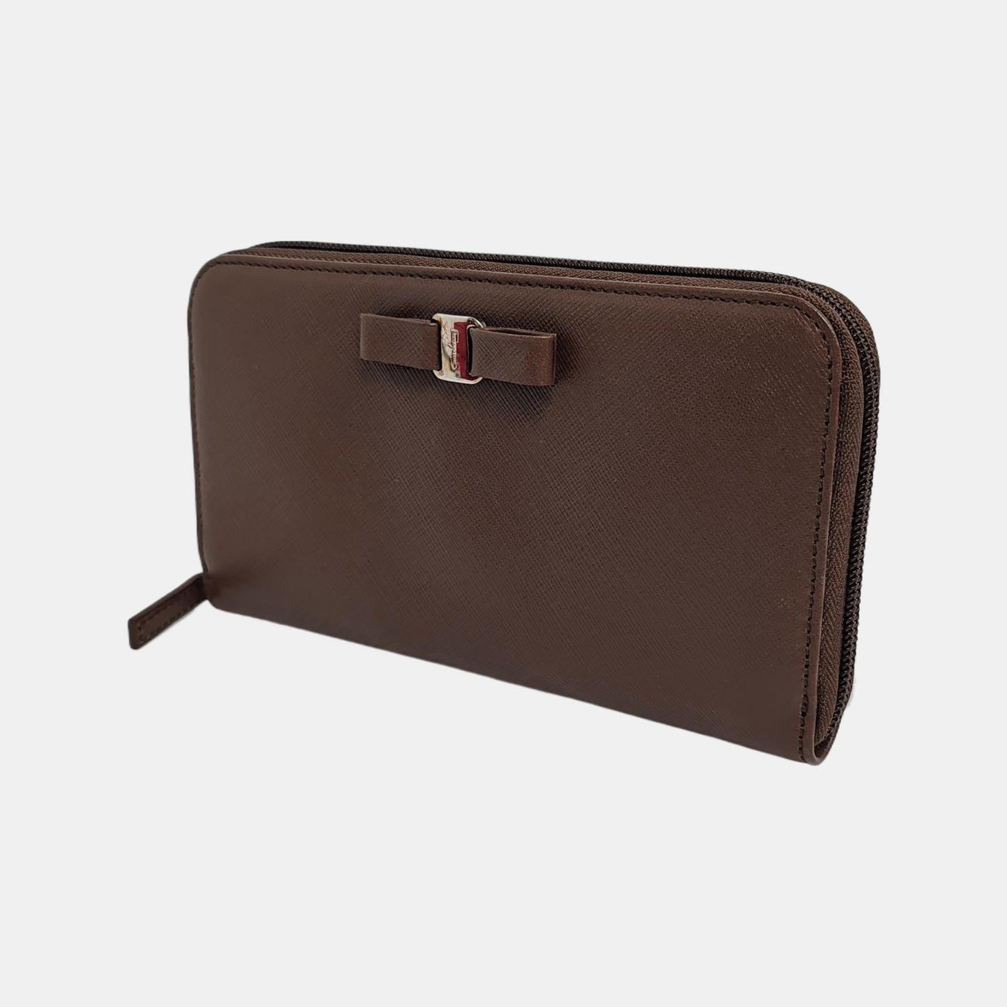 FERRAGAMO Vara Dark Brown Leather Embossed Wallet Silver Hardware-(SKU)-943942165