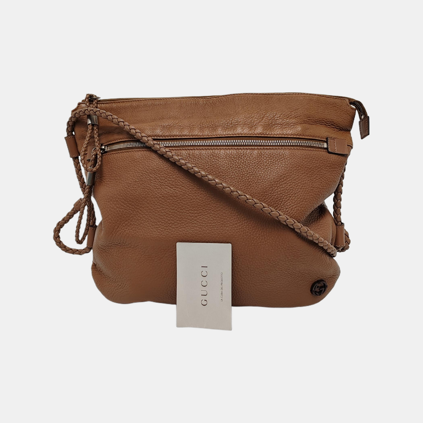 GUCCI Brown Cowhide Braided Single Shoulder Bag Crossbody Silver Hardware-(SKU)-946552390