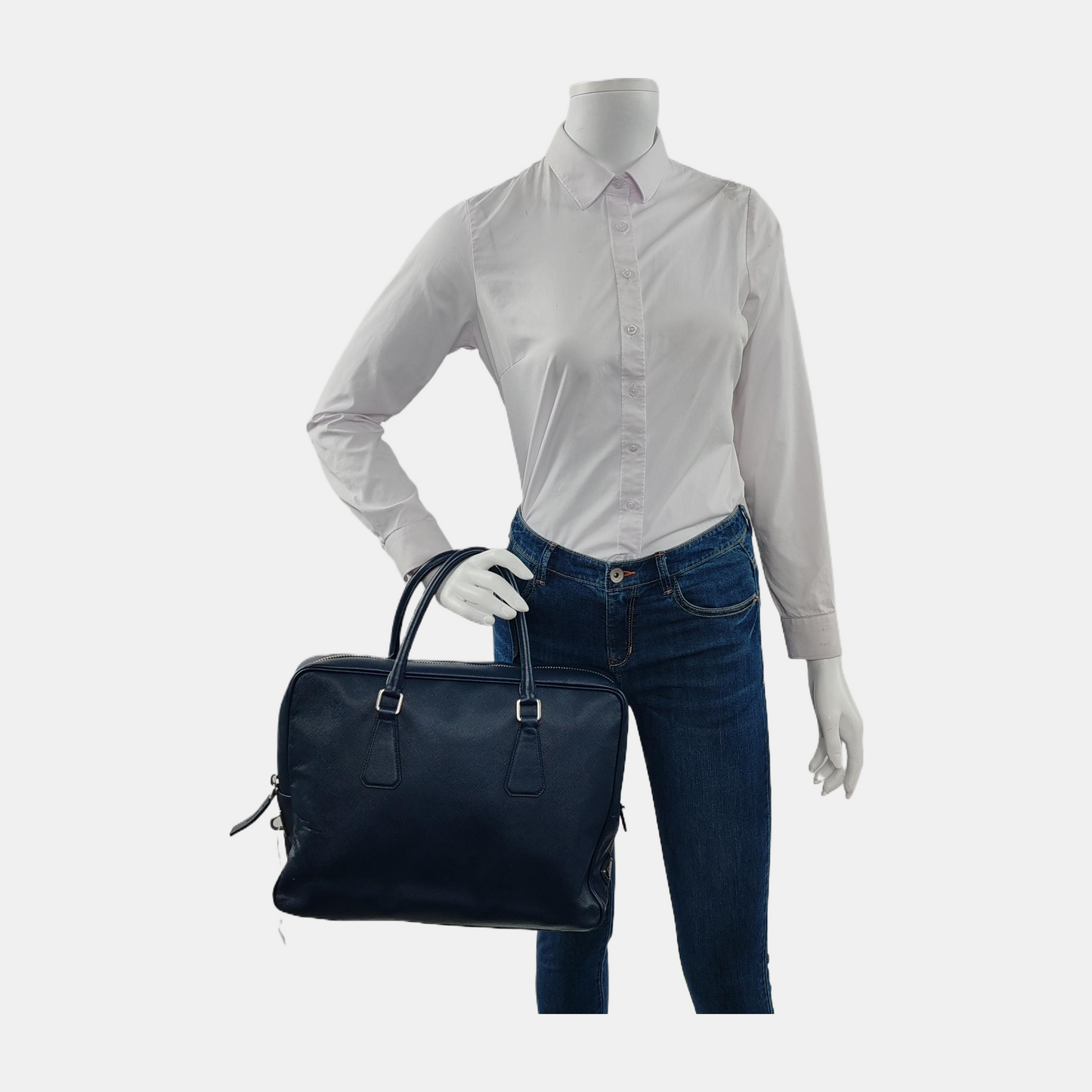PRADA Vitello Dark blue leather logo crocodile texture handbag Silver Hardware-(SKU)-946699798