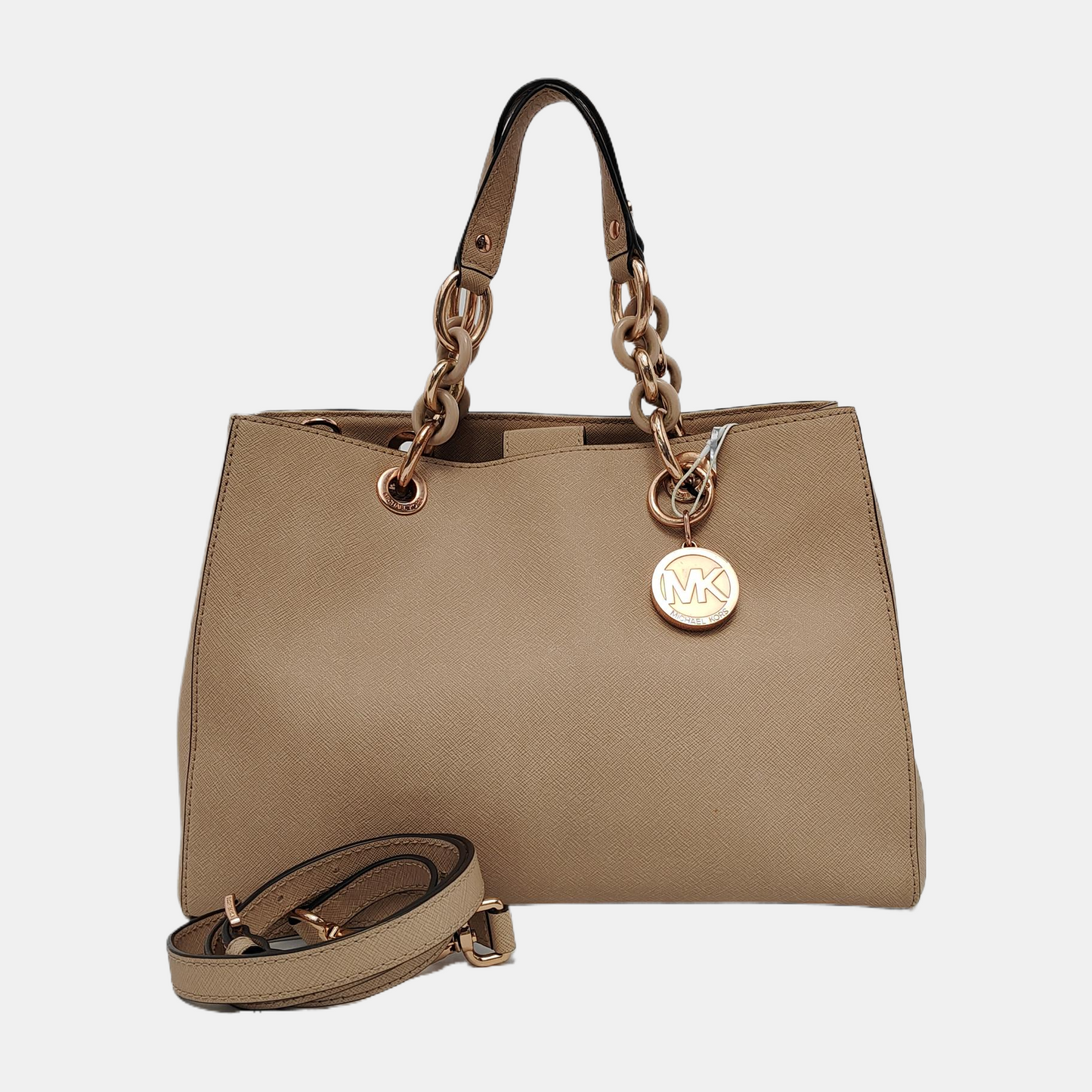 MICHAEL KORS Cynthia Medium size Champagne Leather Stamped Single Shoulder Bag Handbag Crossbody Bag Rose Gold Hardware Removable shoulder strap-(SKU)-939079795