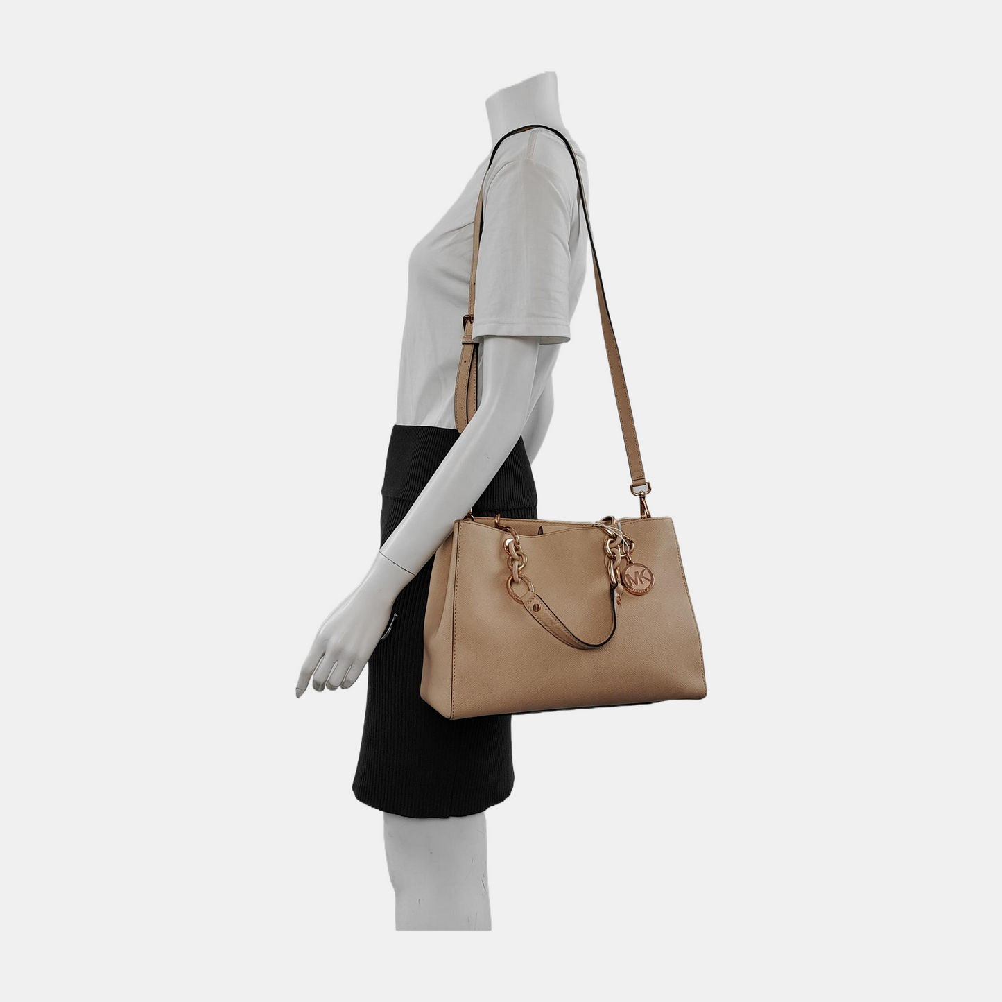 MICHAEL KORS Cynthia Medium size Champagne Leather Stamped Single Shoulder Bag Handbag Crossbody Bag Rose Gold Hardware Removable shoulder strap-(SKU)-939079795