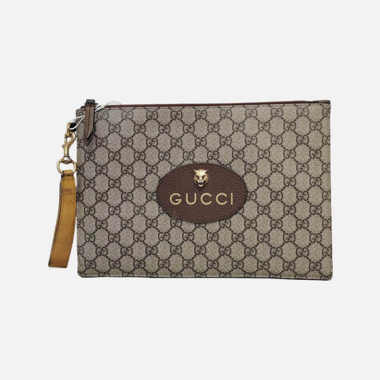 GUCCI Neo Vintage Khaki Coated Canvas Monogram Tiger Head Bag Clutch Golden hardware-(SKU)-946504003