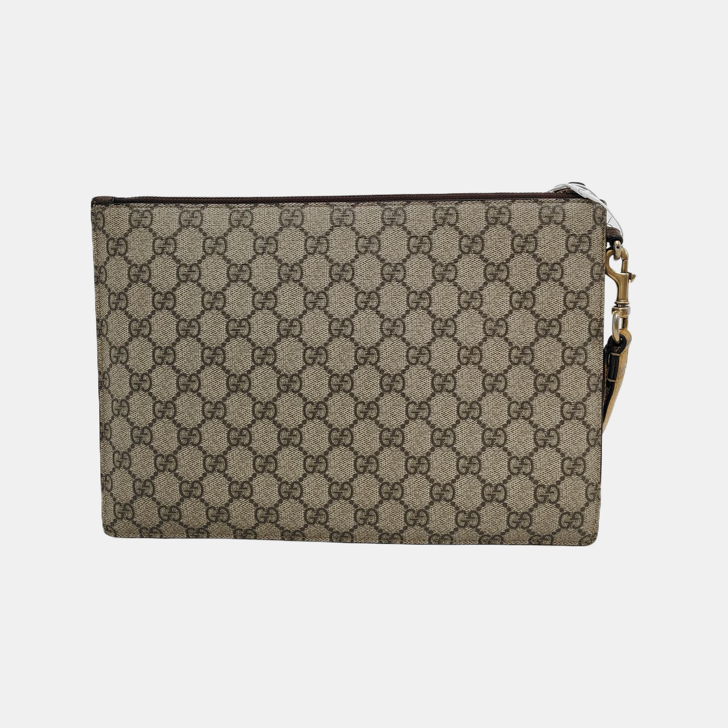 GUCCI Neo Vintage Khaki Coated Canvas Monogram Tiger Head Bag Clutch Golden hardware-(SKU)-946504003