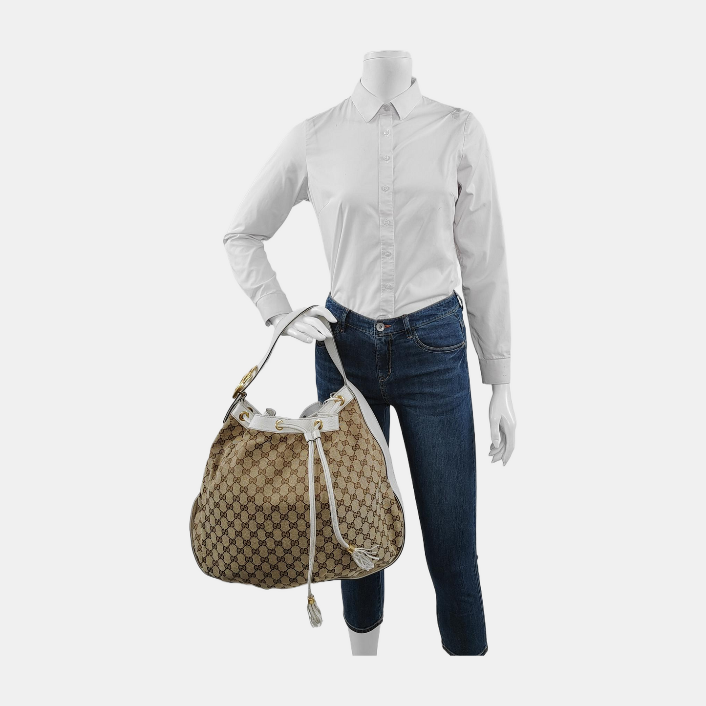 GUCCI Interlocking G Brown Canvas Fringe Shoulder Bag Tote Golden hardware-(SKU)-946676111