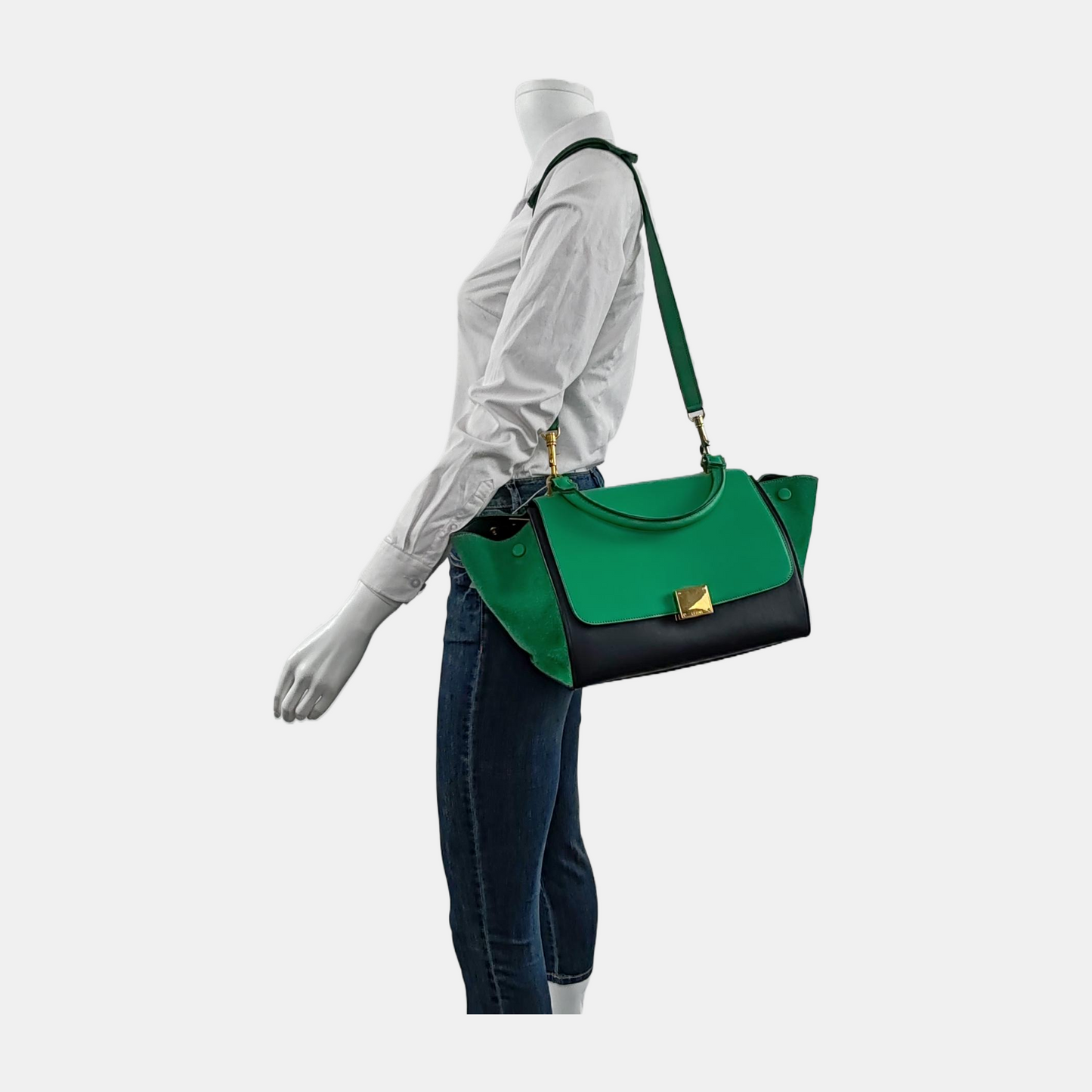 CELINE TRAPEZE Small size Green Cowhide Swing Bag Single Shoulder Bag, Crossbody Bag, Handbag Golden hardware Removable shoulder strap-(SKU)-946576410